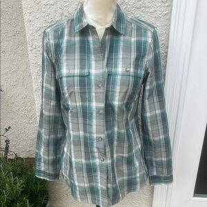 Eddie Bauer Women's Classic Fit Green/Grey Plaid Nylon Button up Shirt Size S